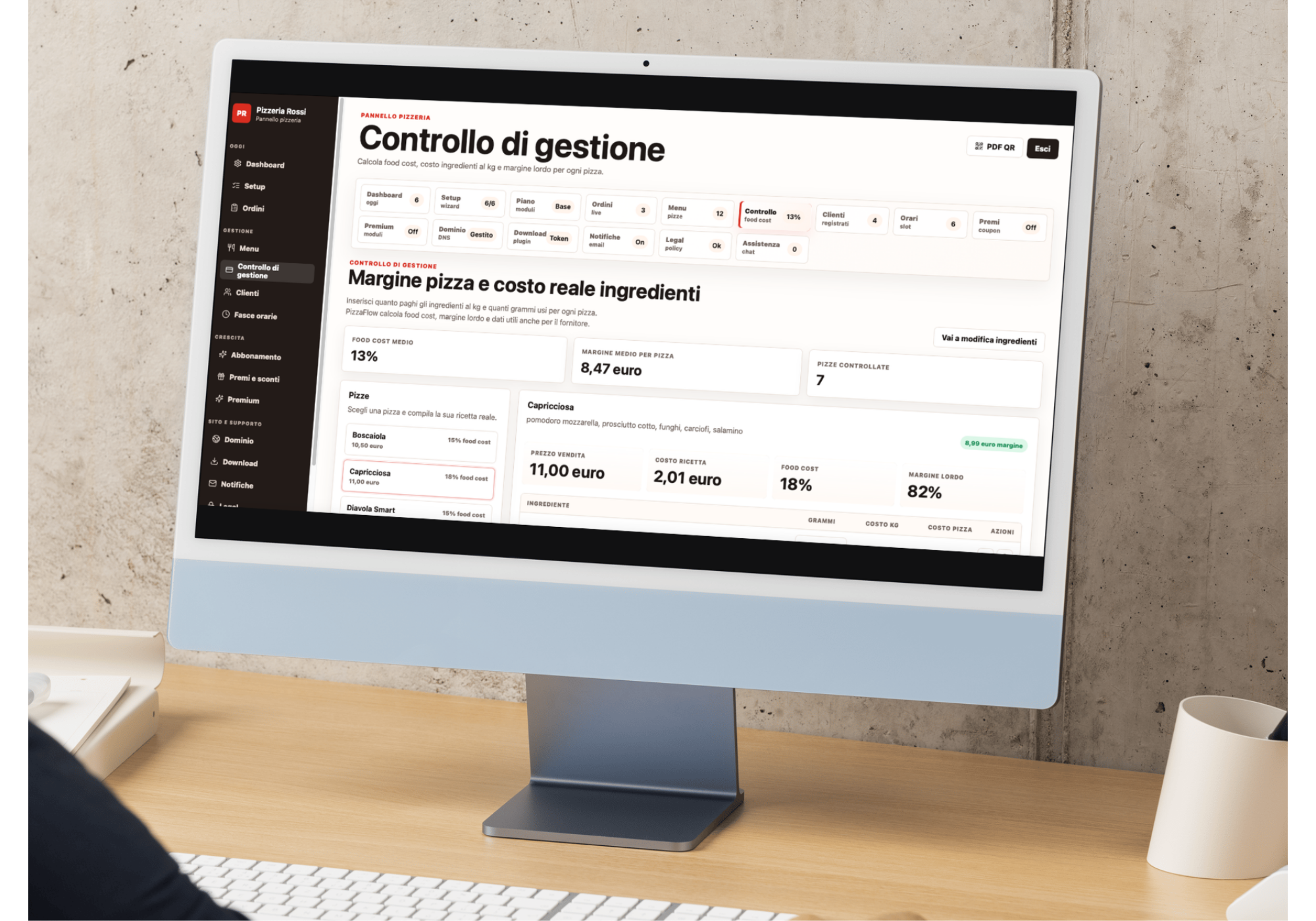 Controllo di gestione Pizzable con margine pizza e costo reale ingredienti