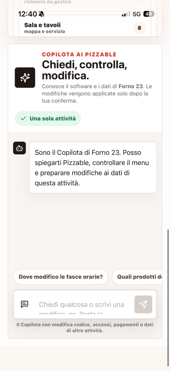 Copilota AI Pizzable aperto sullo smartphone per controllare e modificare una singola attività