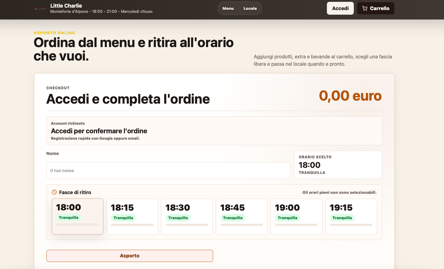 Checkout Pizzable con fasce di ritiro