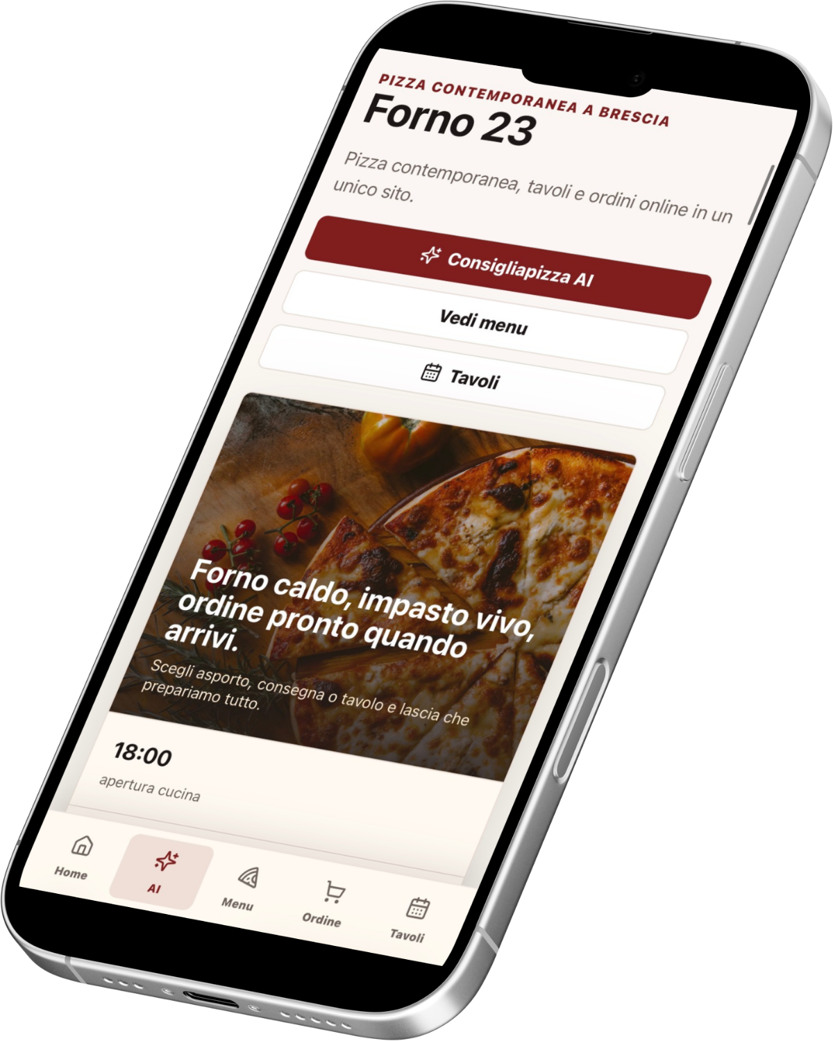 Schermata mobile della pizzeria con sito e ordini online
