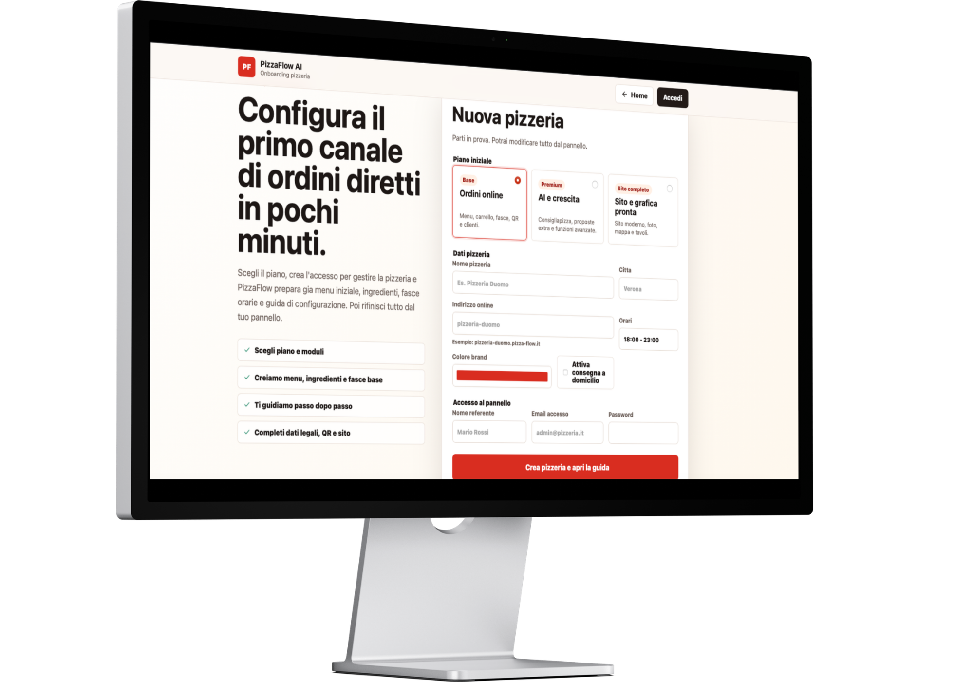 Schermata di configurazione nuova pizzeria