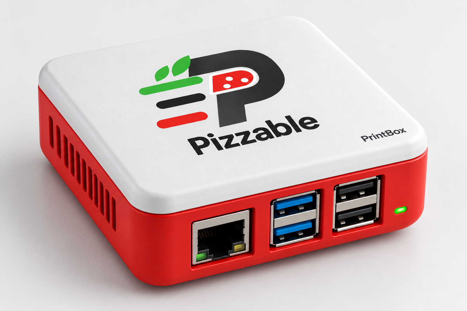 Render del PrintBox Pizzable: scocca bianca e rossa con logo sul coperchio, porte USB e rete