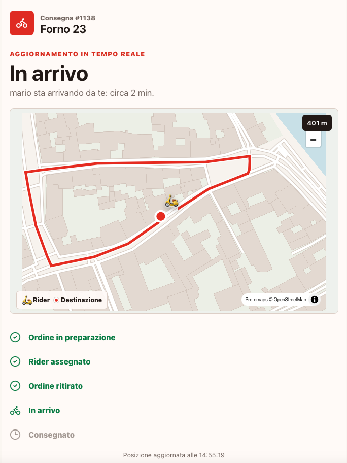 Tracking Pizzable visto dal cliente con rider, percorso, distanza e stato della consegna in tempo reale