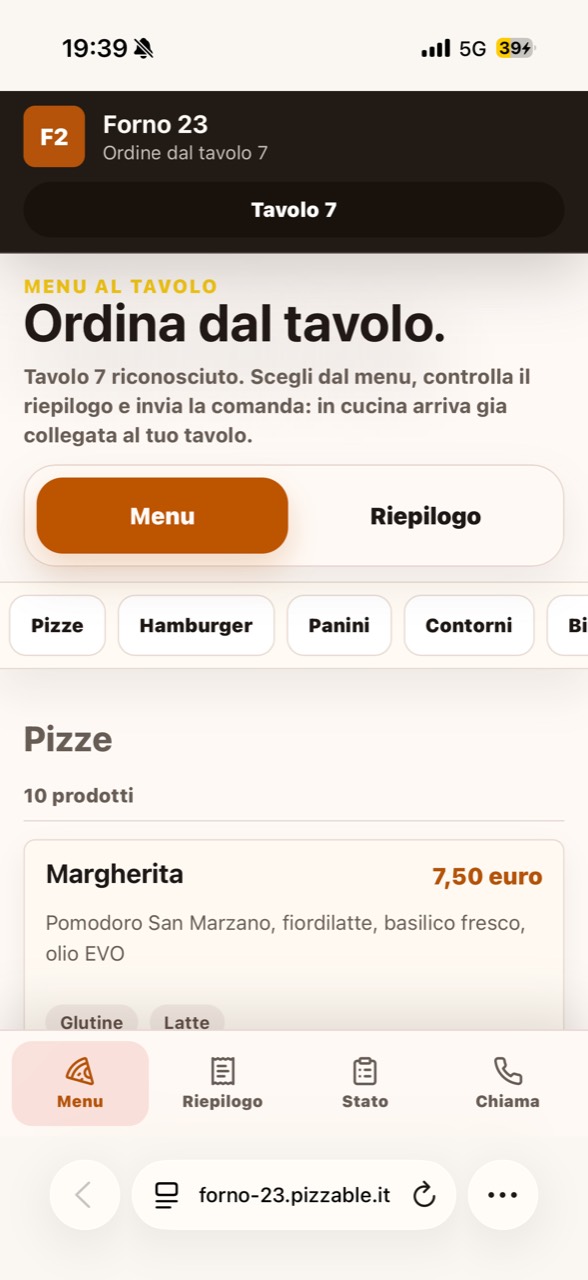 Menu Pizzable aperto dal QR del tavolo