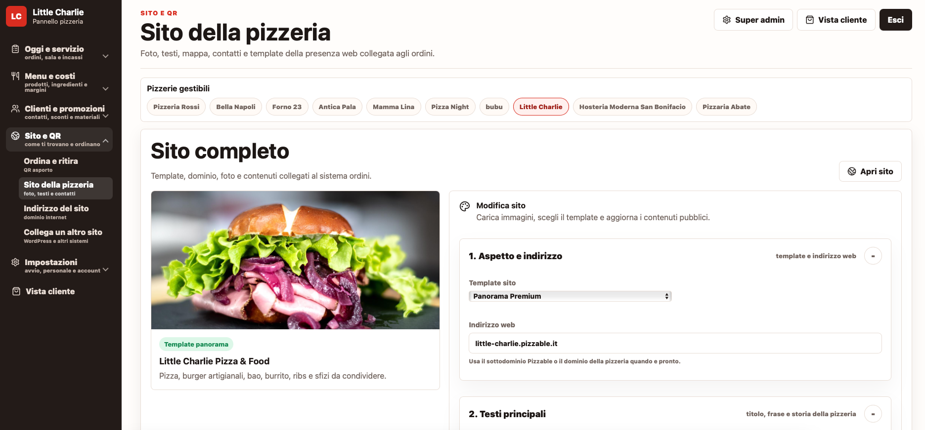 Configurazione del sito della pizzeria in Pizzable